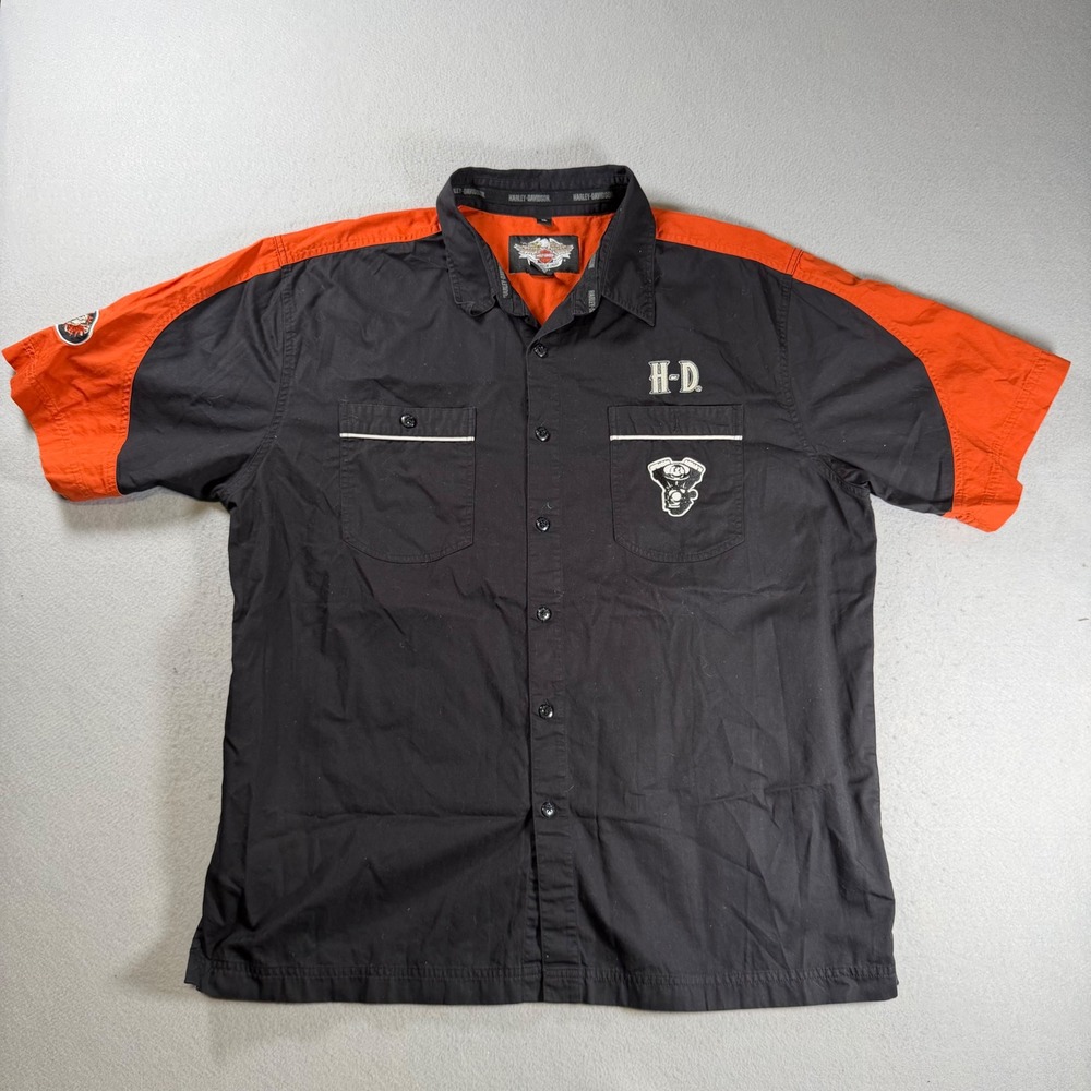 Harley-Davidson Mens XL Garage Shirt Black Orange Colorblock V-Twin Embroidered